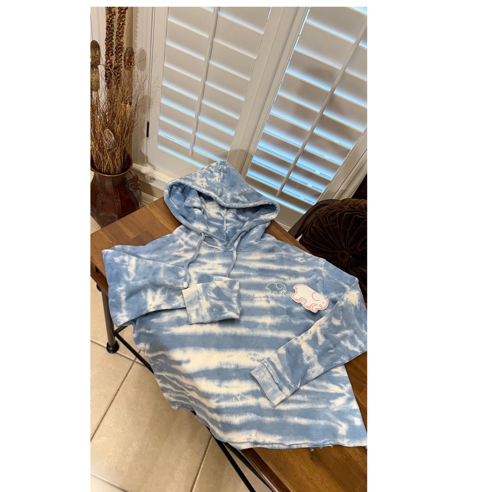 Ivory Ella Blue Tie Dye Elephant Logo Raw Hem Hoodie Small